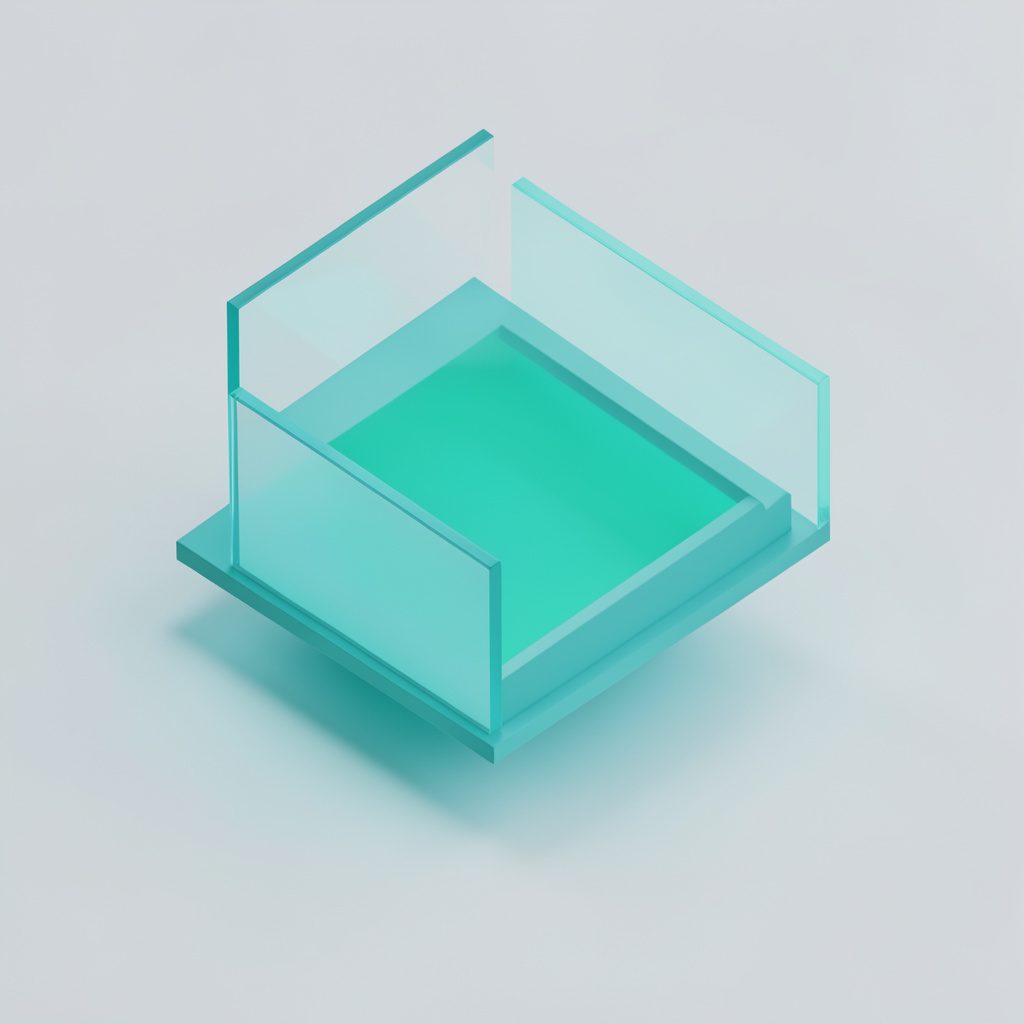 Isometric 3D render of a minimalist digital art display with floating frames and subtle turquoise glow, set against a light grey backdrop.