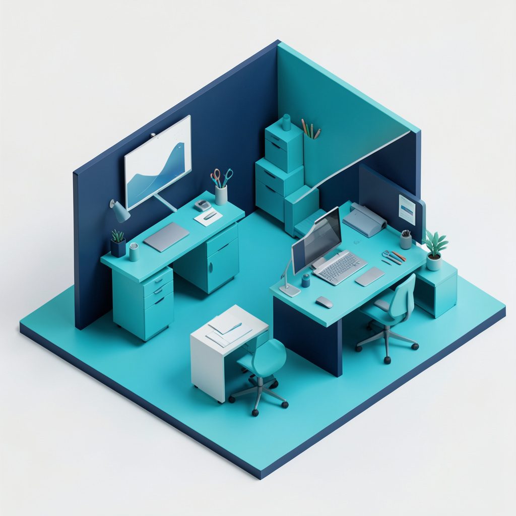 Isometric 3D render of a modern creative workspace with floating design elements, navy and cyan color palette, clean and airy atmosphere.