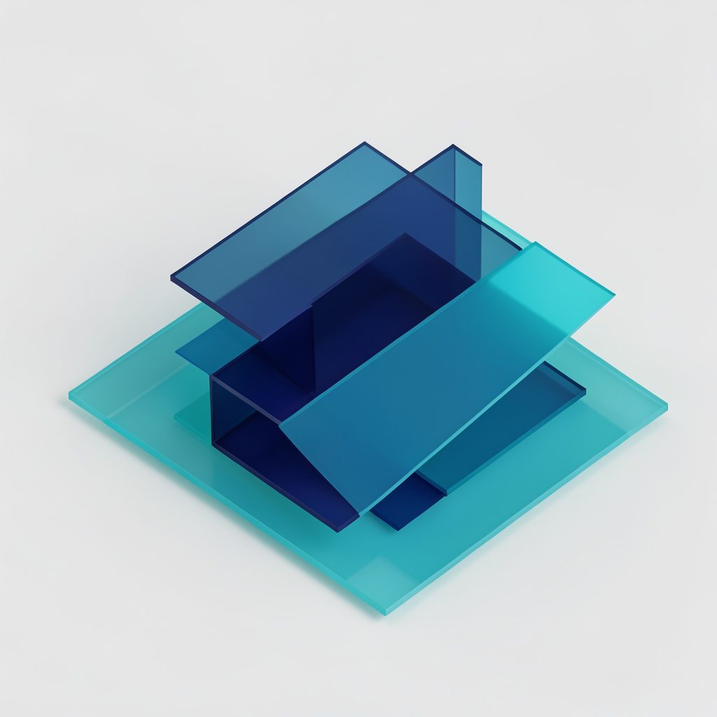 Isometric 3D render of abstract geometric composition with overlapping translucent shapes in navy and cyan tones, soft shadows, clean and modern.