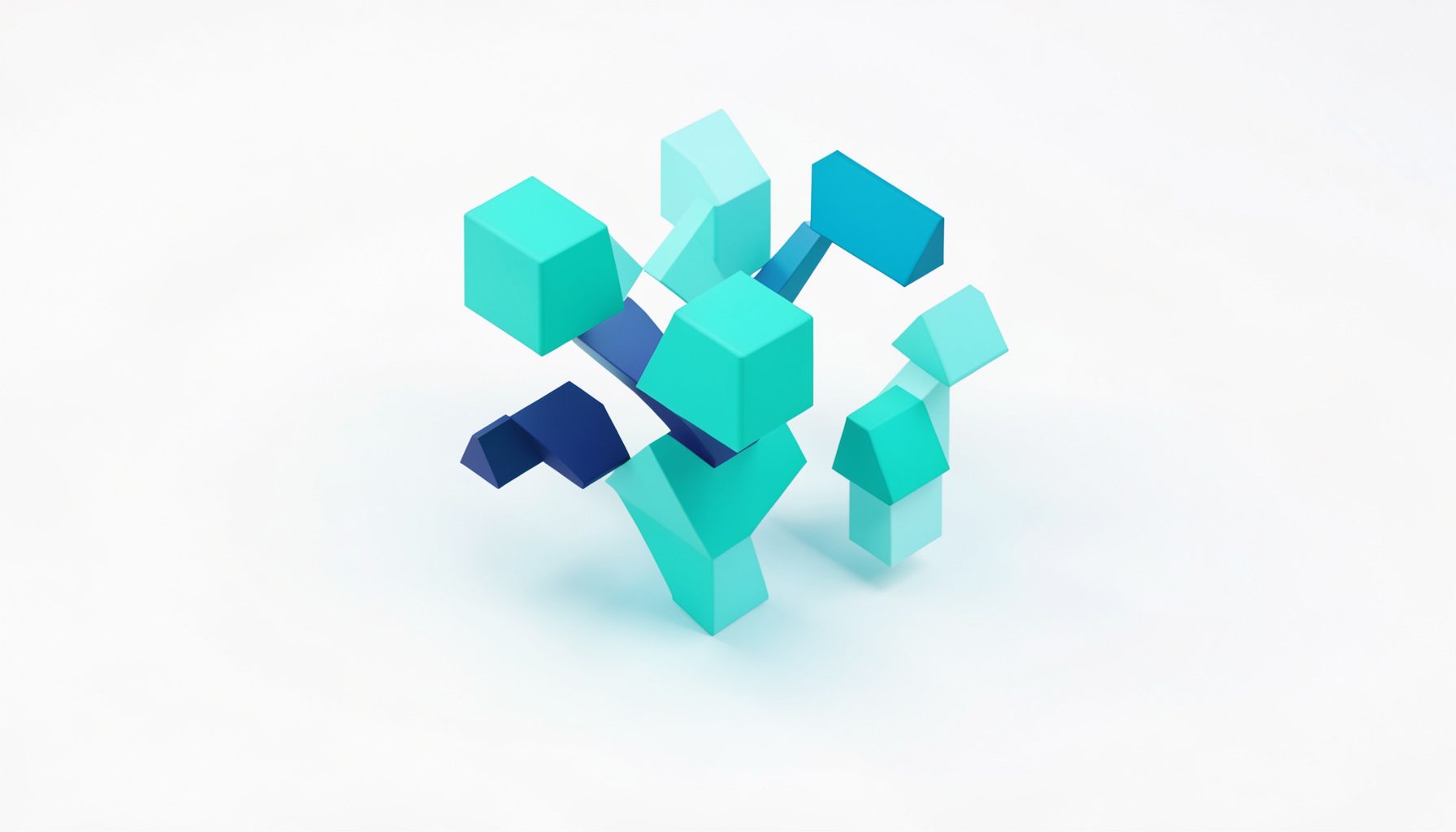 Isometric 3D render of colorful geometric shapes floating above a clean white surface, with soft cyan and navy accents, conveying creativity and digital design.