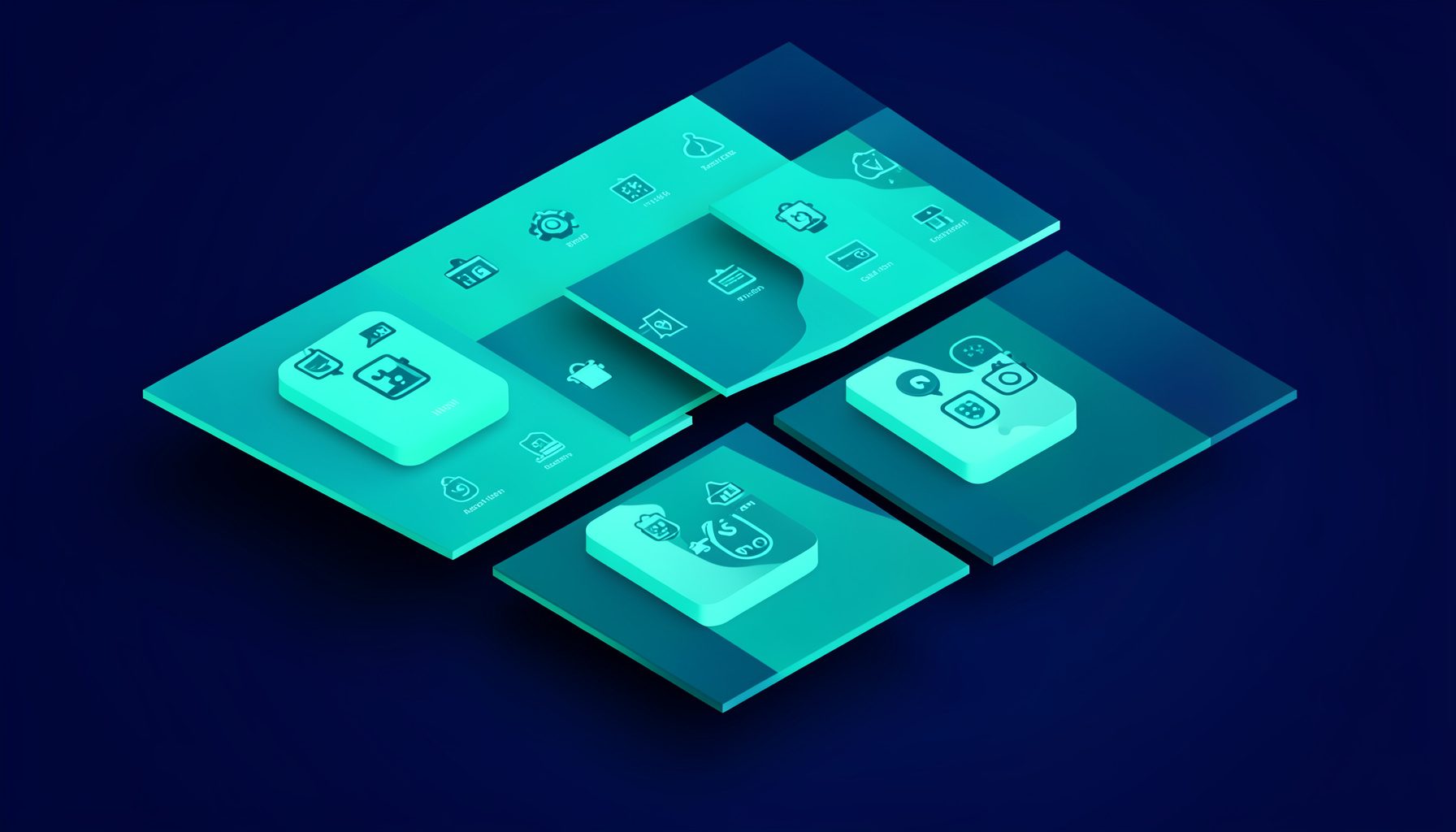Isometric 3D render of icon sets displayed on floating cards against a navy gradient background, with turquoise highlights, suggesting organized digital asset libraries.