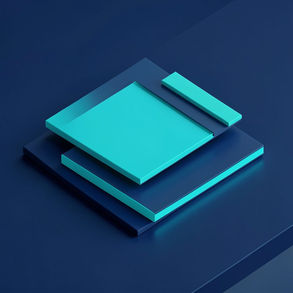 Isometric 3D render of layered design elements arranged on a navy desk surface, with cyan accent lighting creating a polished tech aesthetic.