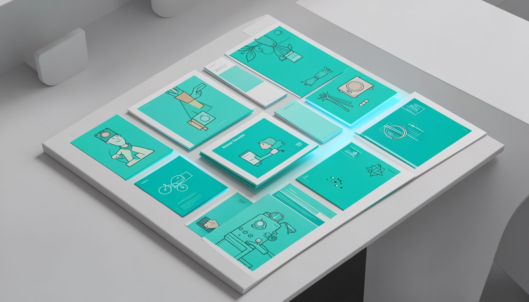 Isometric 3D render of neatly arranged illustration panels on a light grey desk, with a cyan glow highlighting select pieces, evoking a modern creative studio.